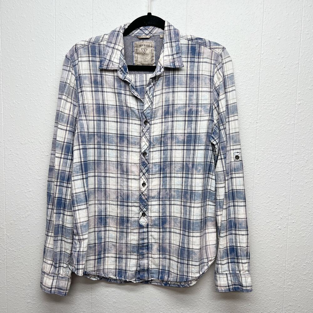 Guess Men's Plaid Linen Blend Slim Shirt Medium Western Cowboy Rodeo Breathable